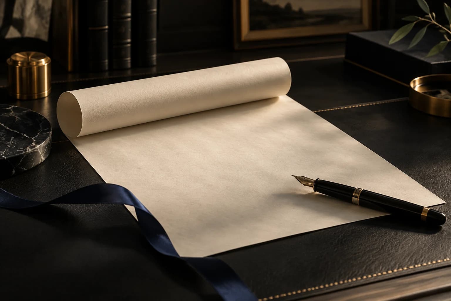 An ivory request document unrolled on a dark desk beside a fountain pen.