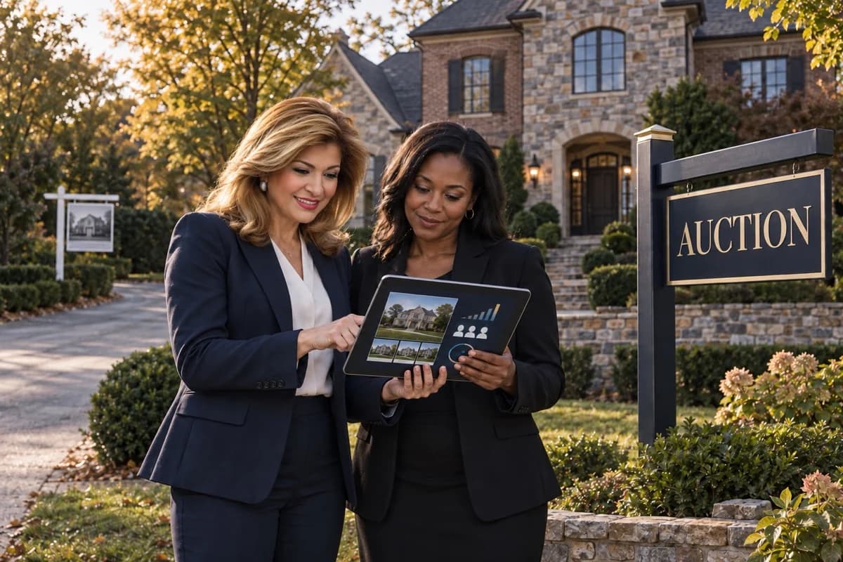 Illustrative scene of Anne Nouri and a real estate professional reviewing a custom auction marketing plan beside a home