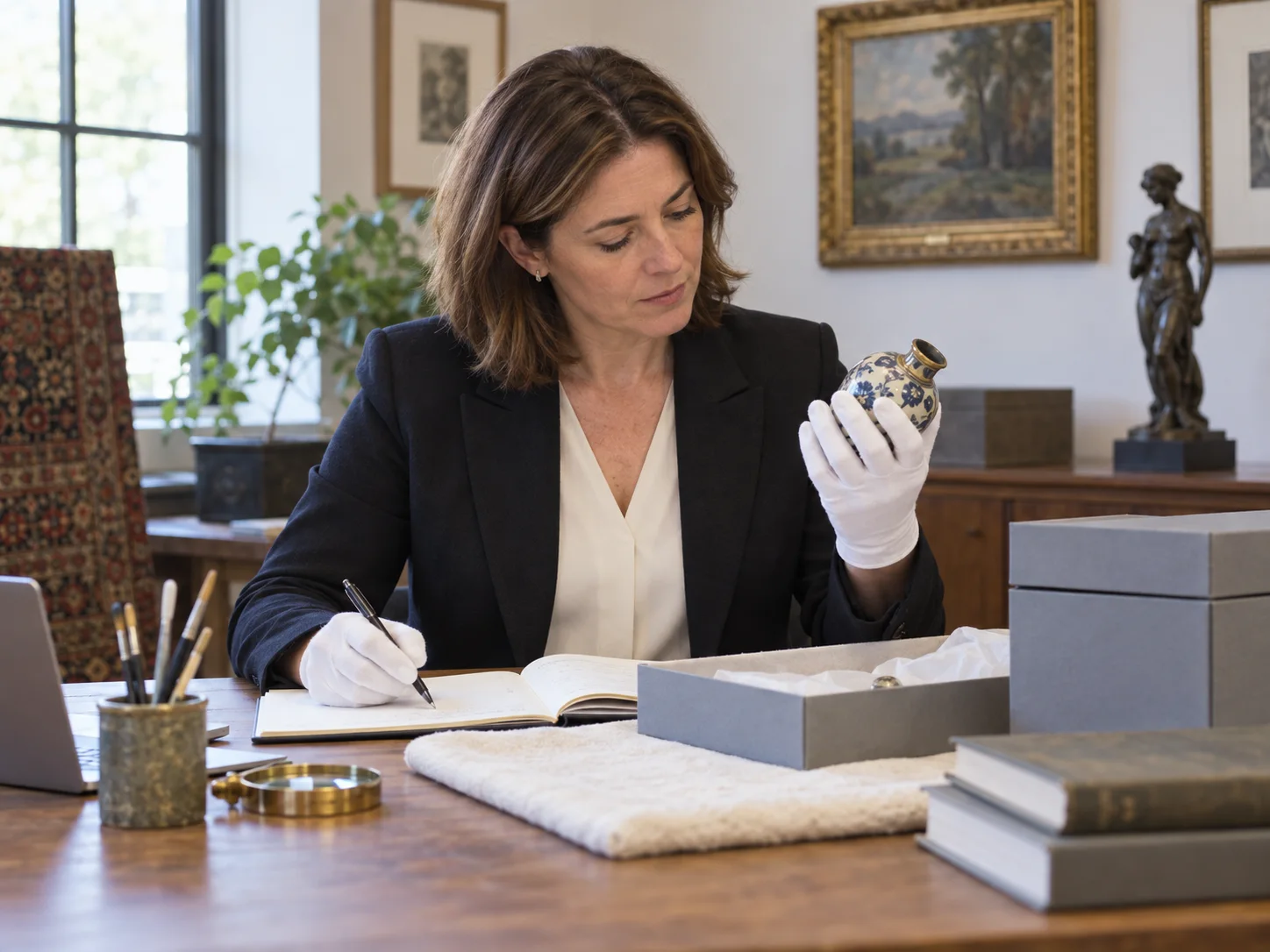 A personal property appraiser carefully examines and documents a decorative object