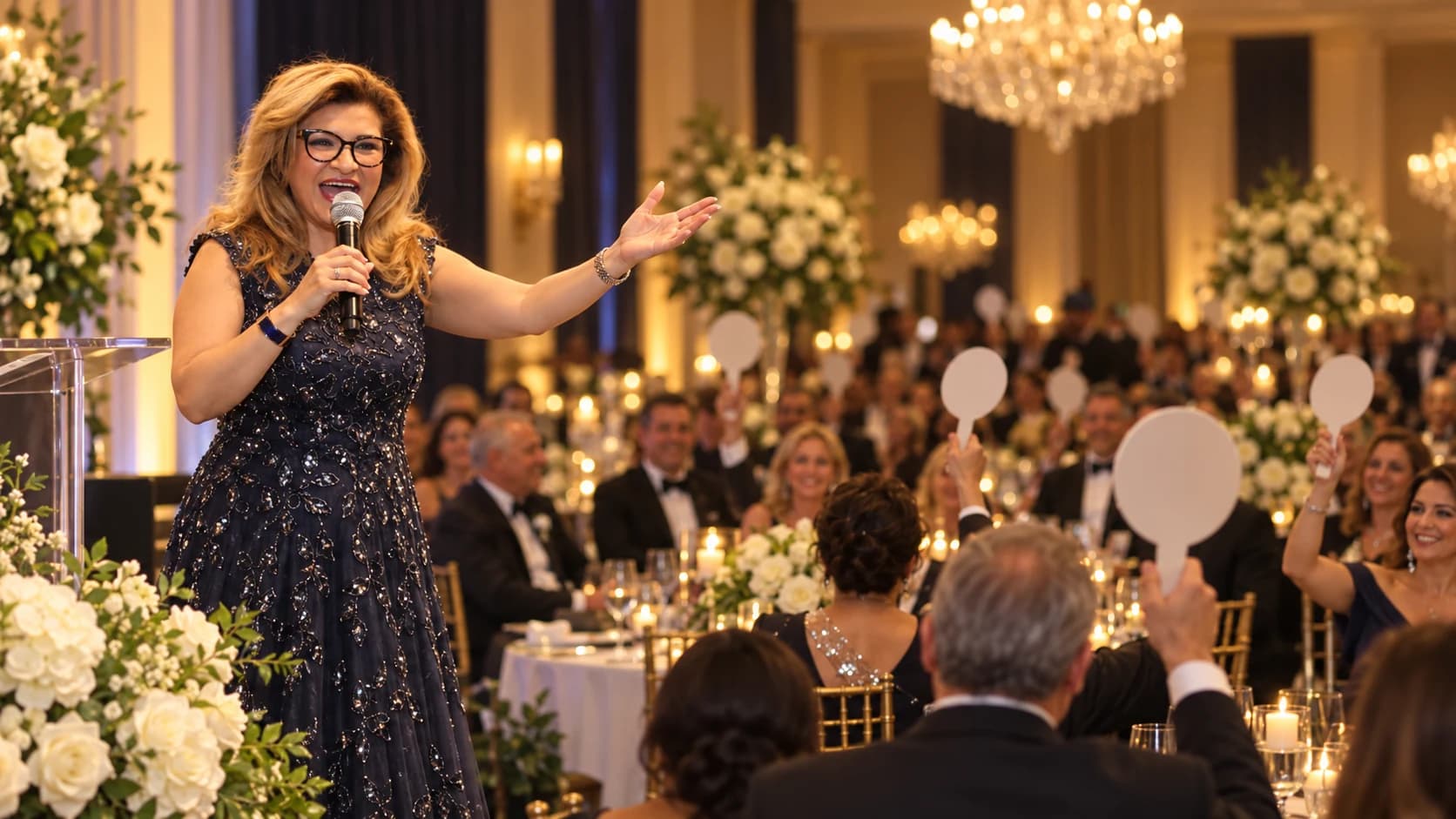 Illustrative, AI-generated gala scene of Anne Nouri leading a Fund-a-Need appeal as guests raise pledge paddles