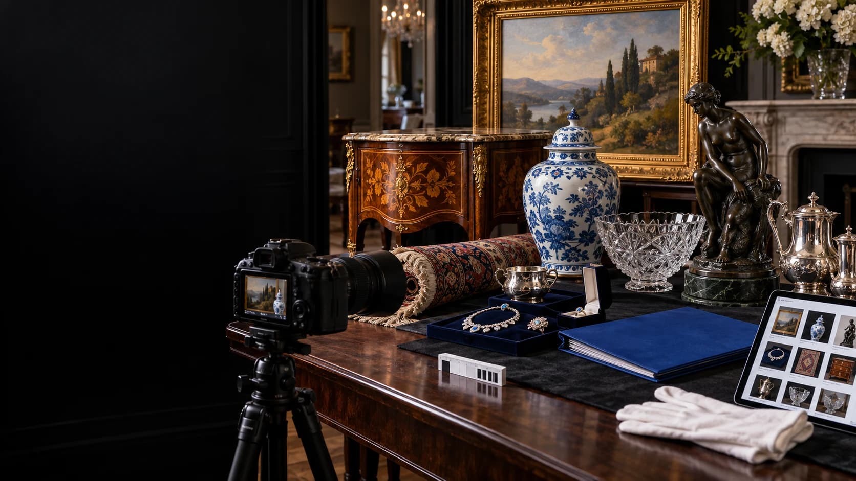 A camera photographs a curated selection of art, porcelain, jewelry, silver, and furnishings for an online auction catalog