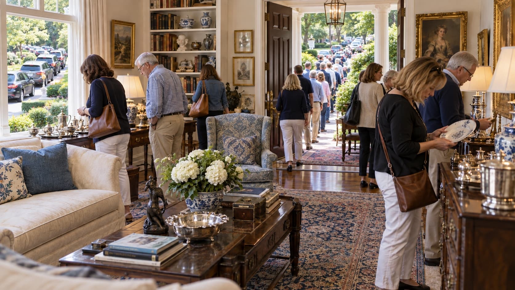 Shoppers browse an estate sale inside a home as a line forms at the front door and cars fill the street