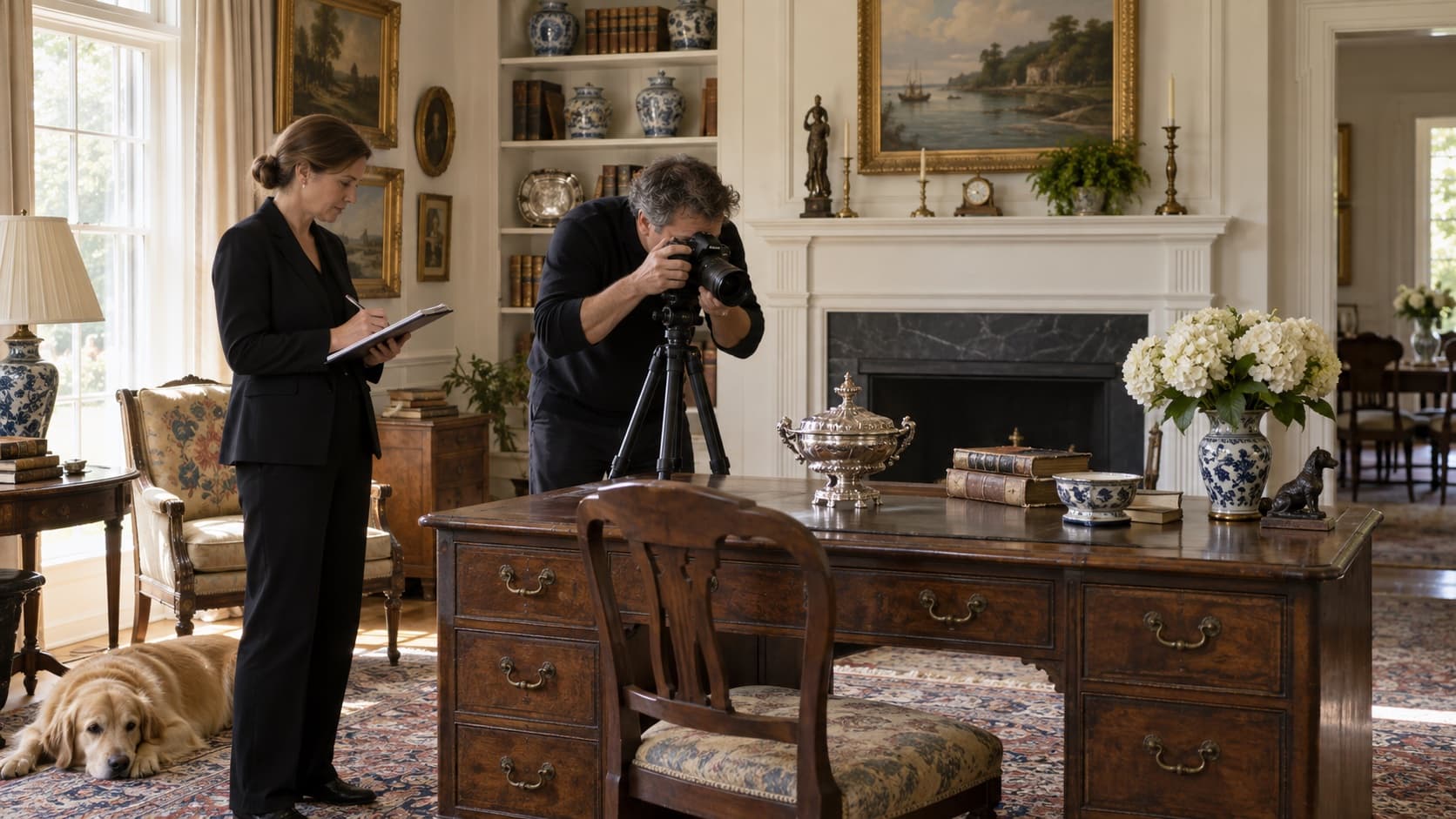 An auction coordinator and photographer review selected furnishings and art inside a private home