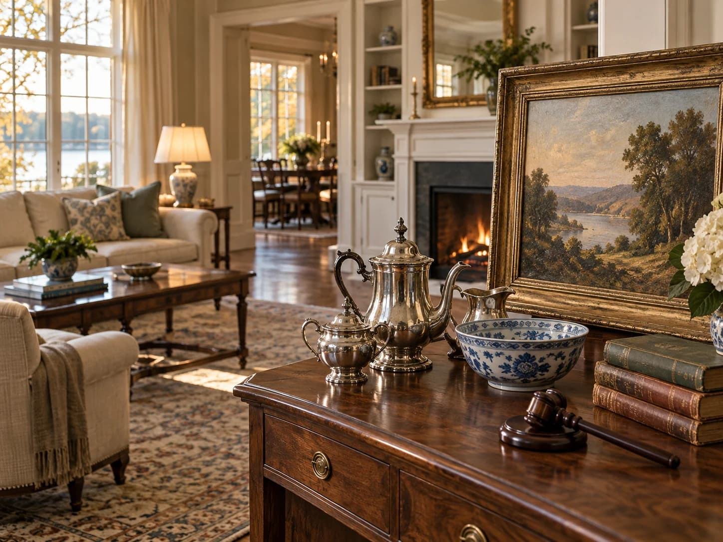 Illustrative personal property auction scene in a private home, with a gavel beside a painting, silver, porcelain, and books