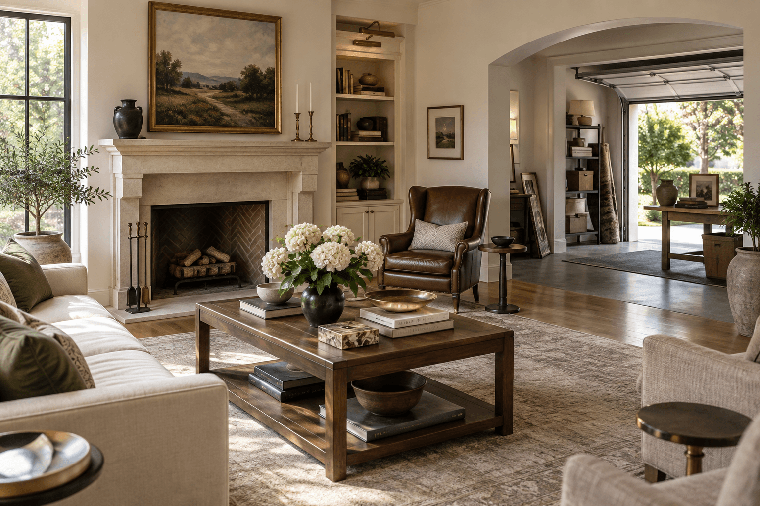 A private residence living room opening to a separate garage staging area, illustrating how the sale and pickup plan can respect private rooms