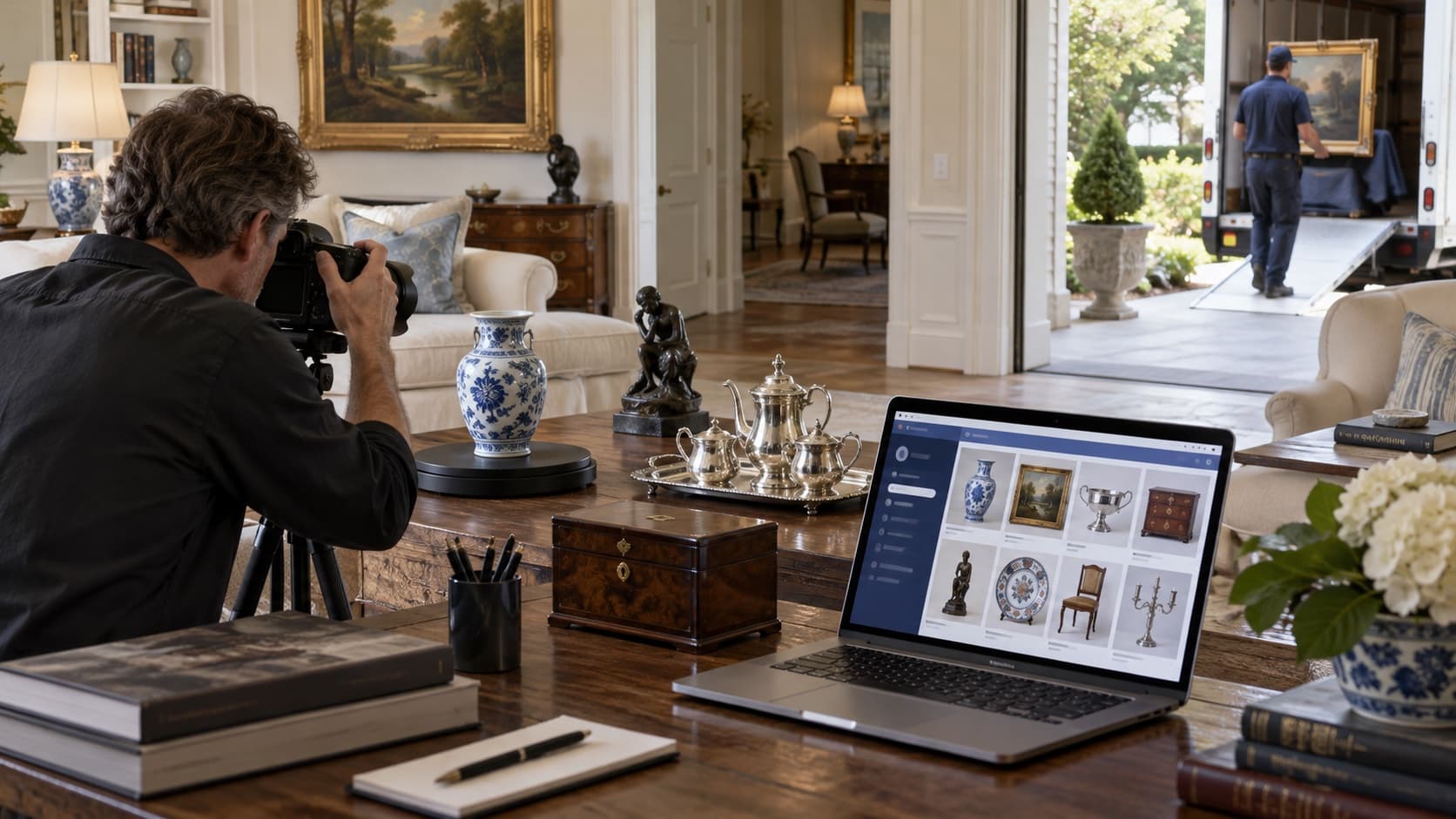 An auction photographer catalogs furnishings for online bidding while a professional carries a purchased item out through a separate garage