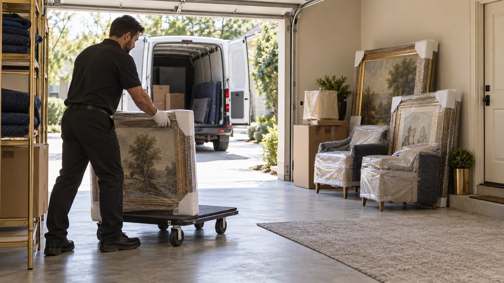 A mover brings a protected framed piece to an orderly garage staging area beside a cargo van