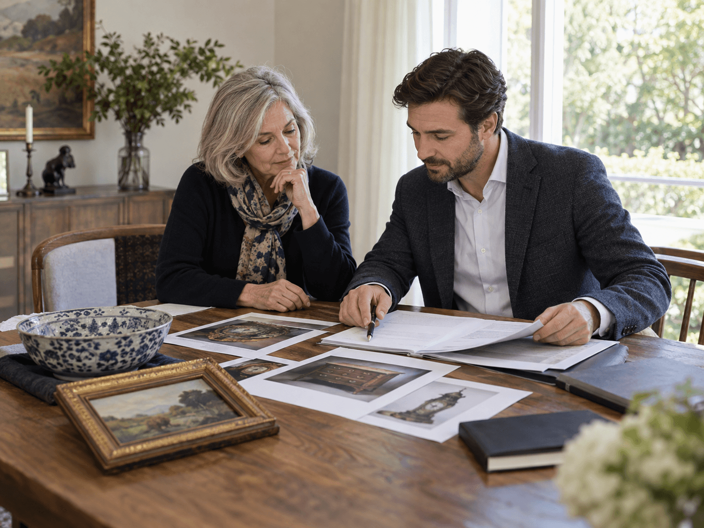 A homeowner and auction specialist review a written sale scope and object photographs at a dining table in a private home