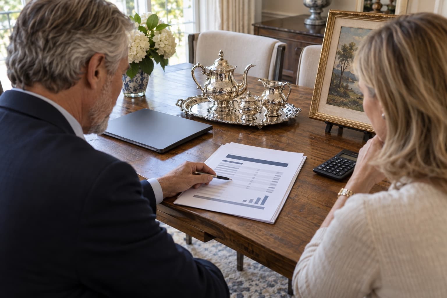 A seller and auction specialist review an itemized sale statement beside cataloged silver and framed art