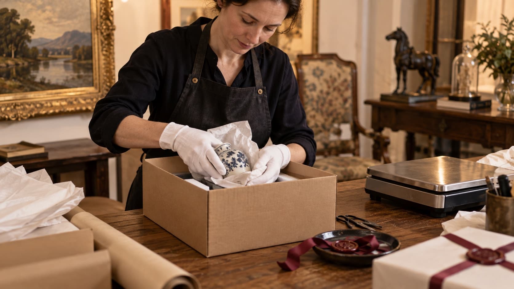 A professional packer wraps a porcelain object for careful delivery after an online auction