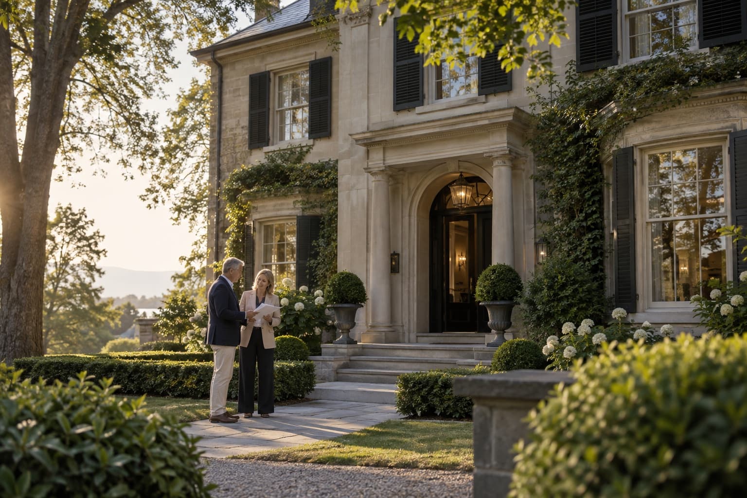 A seller and real estate advisor review a distinctive home and discuss a new sale plan