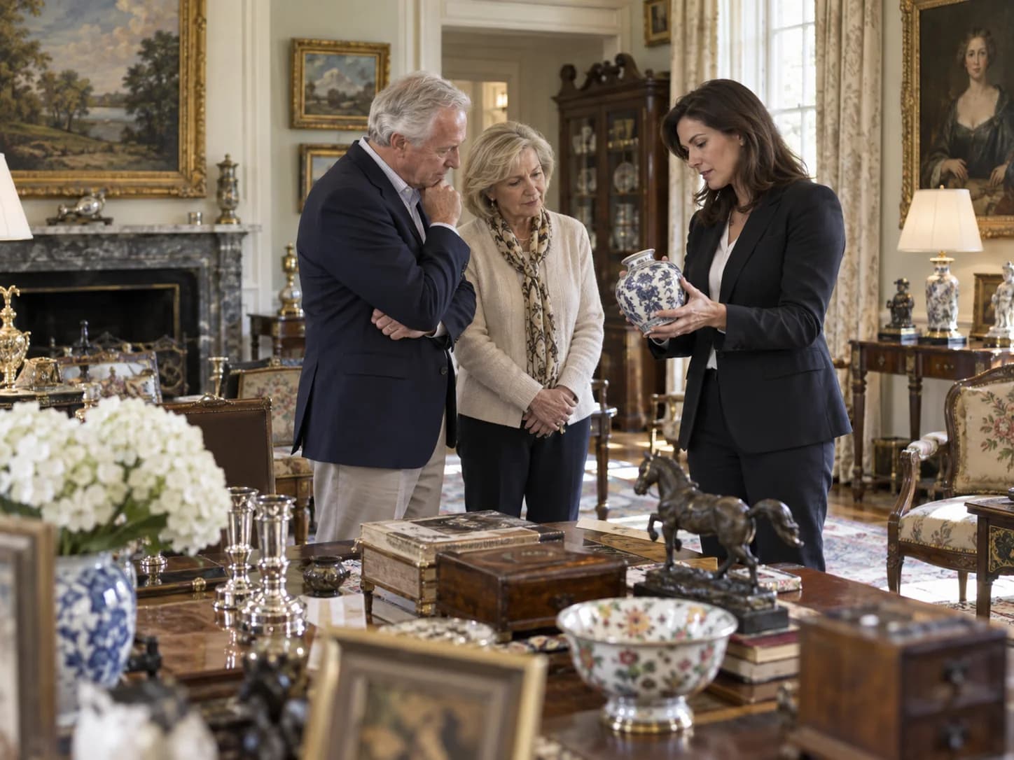 A fiduciary and estate specialist review a collection of household contents